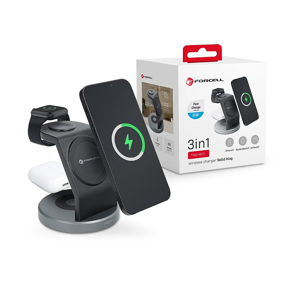 Forcell Qi univerzális vezeték nélküli töltő állomás - 15W - Forcell Solid Magsafe 3in1 Wireless Charger for iPhone + iWatch + AirPods - fekete (PT-6766)