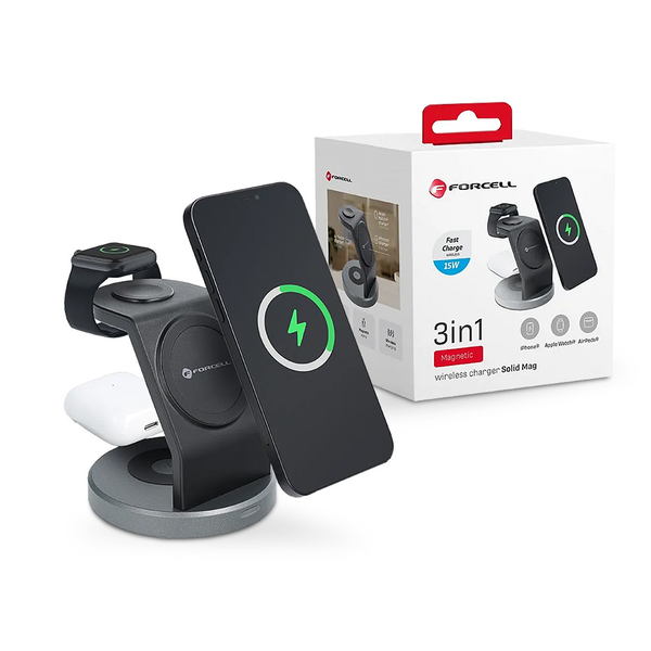 Зарядна станция 3 в 1 Forcell Solid Mag, съвместима с Magsafe, безжично бързо зареждане, 15w, черна