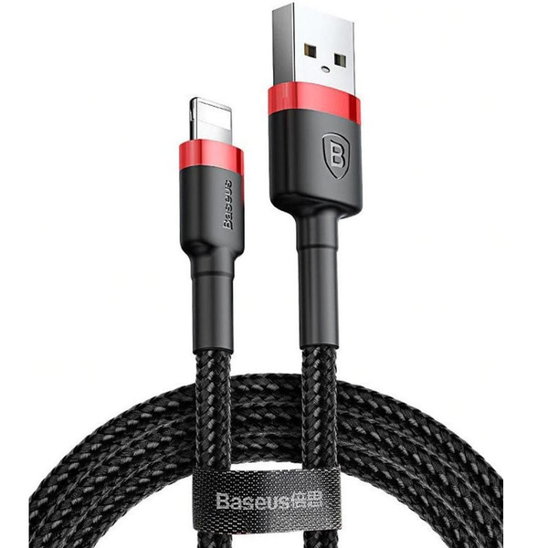 USB töltő- és adatkábel, Lightning, 100 cm, 2400 mA, törésgátlóval, gyorstöltés, cipőfűző minta, Baseus Cafule, CALKLF-B19, fekete/piros