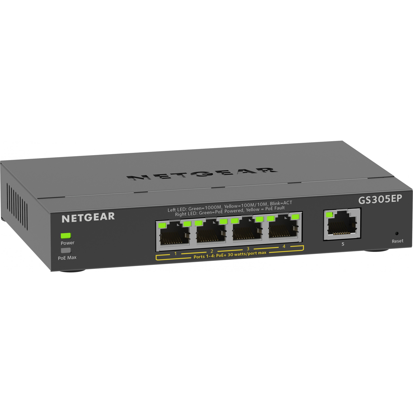 NETGEAR 5-Port Gigabit Ethernet PoE+ Plus Switch (GS305EP) Riadený L2/L3 Gigabit Ethernet (10/100/1000) Podpora napájania cez Ethernet (PoE) Čierna (GS305EP-100PES)
