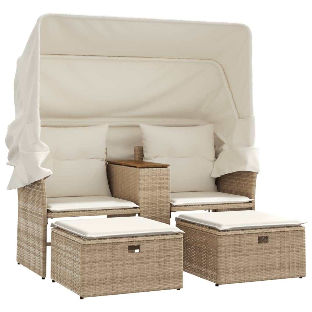 2 személyes bézs polyrattan kerti kanapé baldachinnal/székkel (365802)