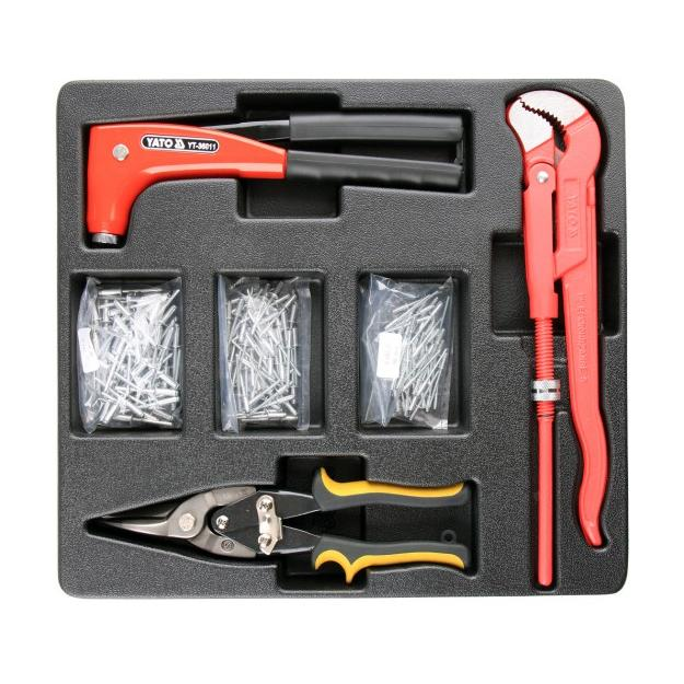 YATO fiókbetét - szegecsfogó, 3x szegecskészlet, lemezvágó olló, villáskulcs 330 mm (YT-55478)