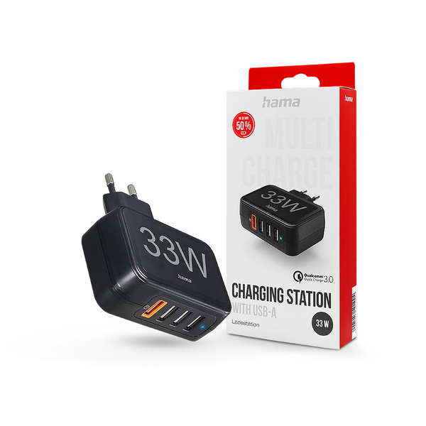 HAMA hálózati töltő adapter 4xUSB-A bemenettel - 33W - HAMA Charging Station QC3.0 - fekete