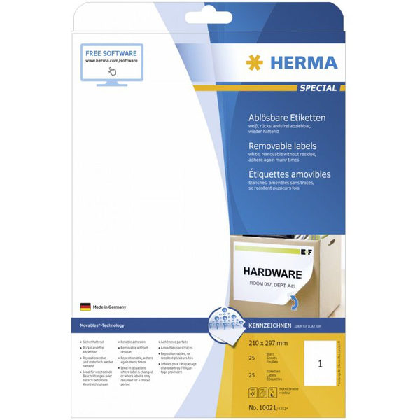 HERMA Etiketten A4 weiß 210x297 mm ablösbar Papier 25 St.