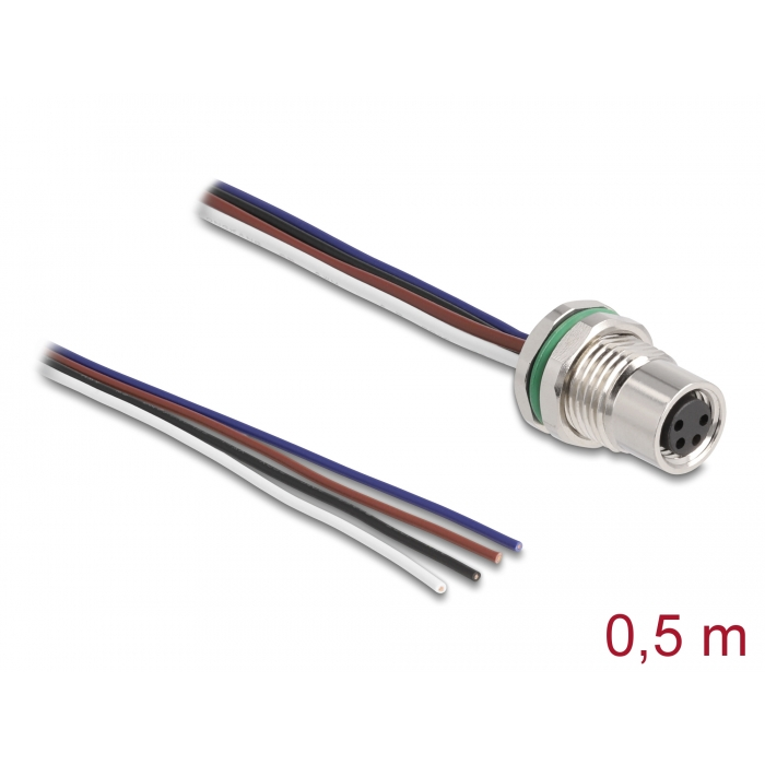 Delock M8 4 tűs anya A-kódolású, szabad kábelvégződésű panelhez 0,5 m (80148) (80148)