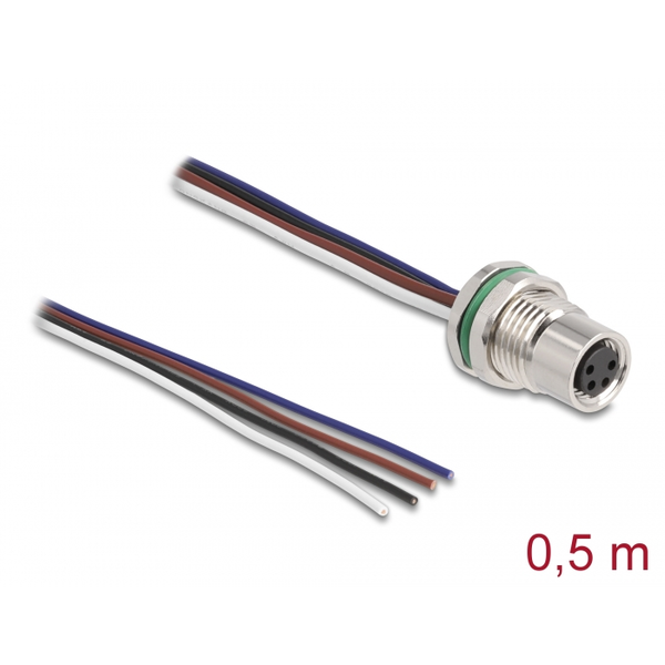 Panelový kabel M8 4pinový A-kód samice na koncovky 50cm Delock 80148