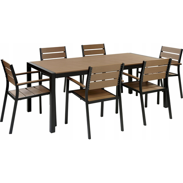 Conjunto De Jardín 6 Plazas De Metal Negro Madera Clara Plástica Mesa Sillas Vernio