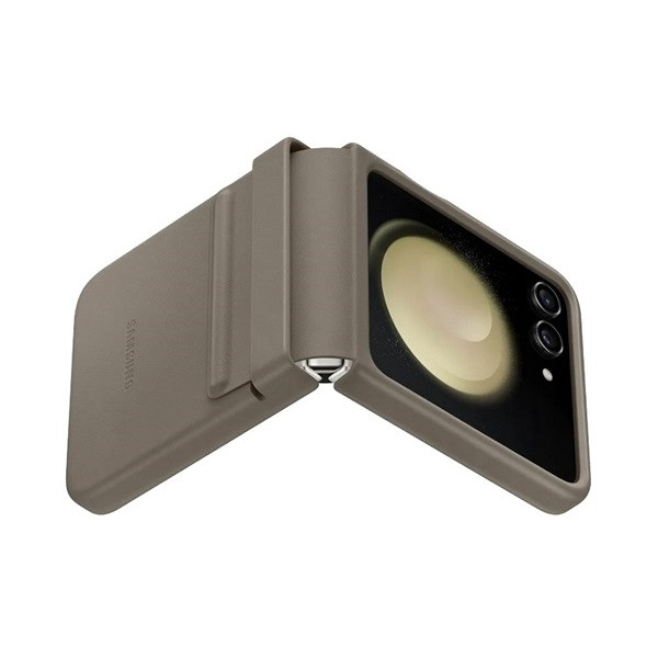 Samsung Galaxy Z Flip5 SM-F731B, Műanyag hátlap védőtok, ökobőr hátlap, Flap Eco-Leather Case, szürkés-barna, gyári (8806095070957)