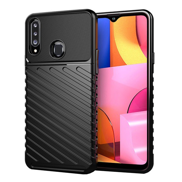 Szilikon telefonvédő (közepesen ütésálló, csíkos, dombor minta) FEKETE [Samsung Galaxy A20s (SM-A207F)] (5996457928071)