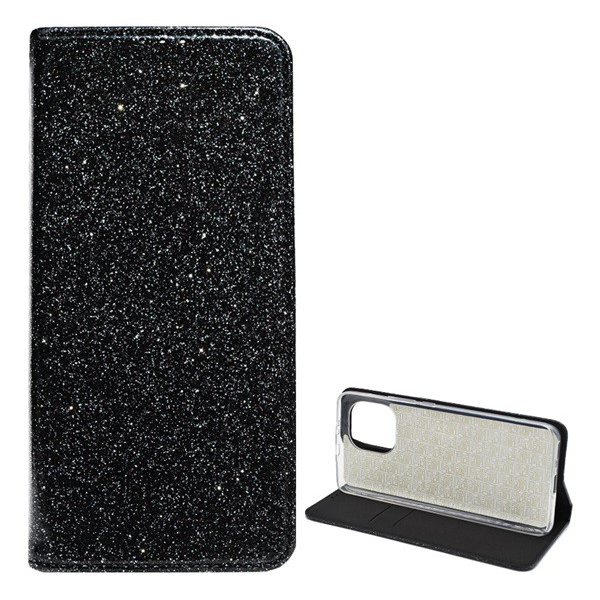 Tok álló, bőr hatású (FLIP, szilikon belső, oldalra nyíló, asztali tartó funkció, bankkártya tartó, csillogó) FEKETE [Xiaomi Mi 11 5G] (5996591041551)
