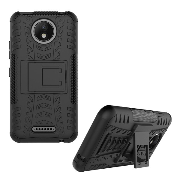 Defender műanyag telefonvédő (közepesen ütésálló, szilikon belső, kitámasztó, autógumi minta) FEKETE [Motorola Moto C Plus (XT1723)] (5996457713851)