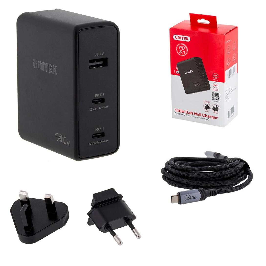 Unitek P1115A 2x USB Type-C / 1x USB Type-A Hálózati töltő - Fekete (140W) (P1115A)
