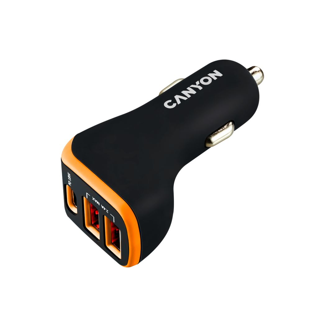 Canyon CNE-CCA08BO autós töltő 2xUSB-A, 1xUSB-C fekete-narancssárga (CNE-CCA08BO)