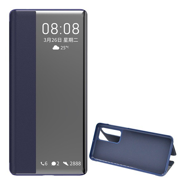 Tok álló, bőr hatású (FLIP, oldalra nyíló, asztali tartó funkció, hívószámkijelzés, Window) SÖTÉTKÉK [Huawei P40] (5996457965229)