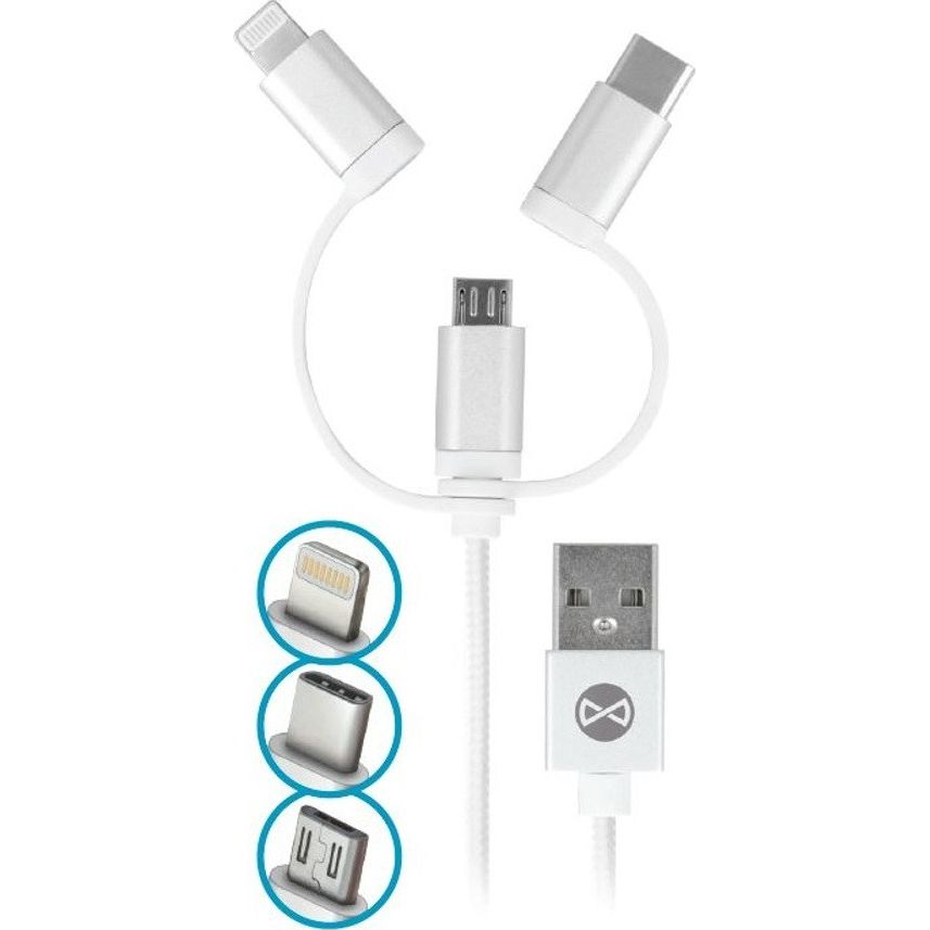 Forever USB-A-Type-C/Lightning/micro USB Kábel 1.5A 1 m-Fehér (T_01625)