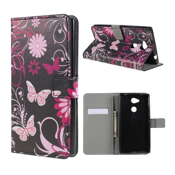 Tok álló, bőr hatású (FLIP, oldalra nyíló, asztali tartó funkció, pillangó, virág minta) FEKETE [Sony Xperia L2 (H4311)] (5996457758326)