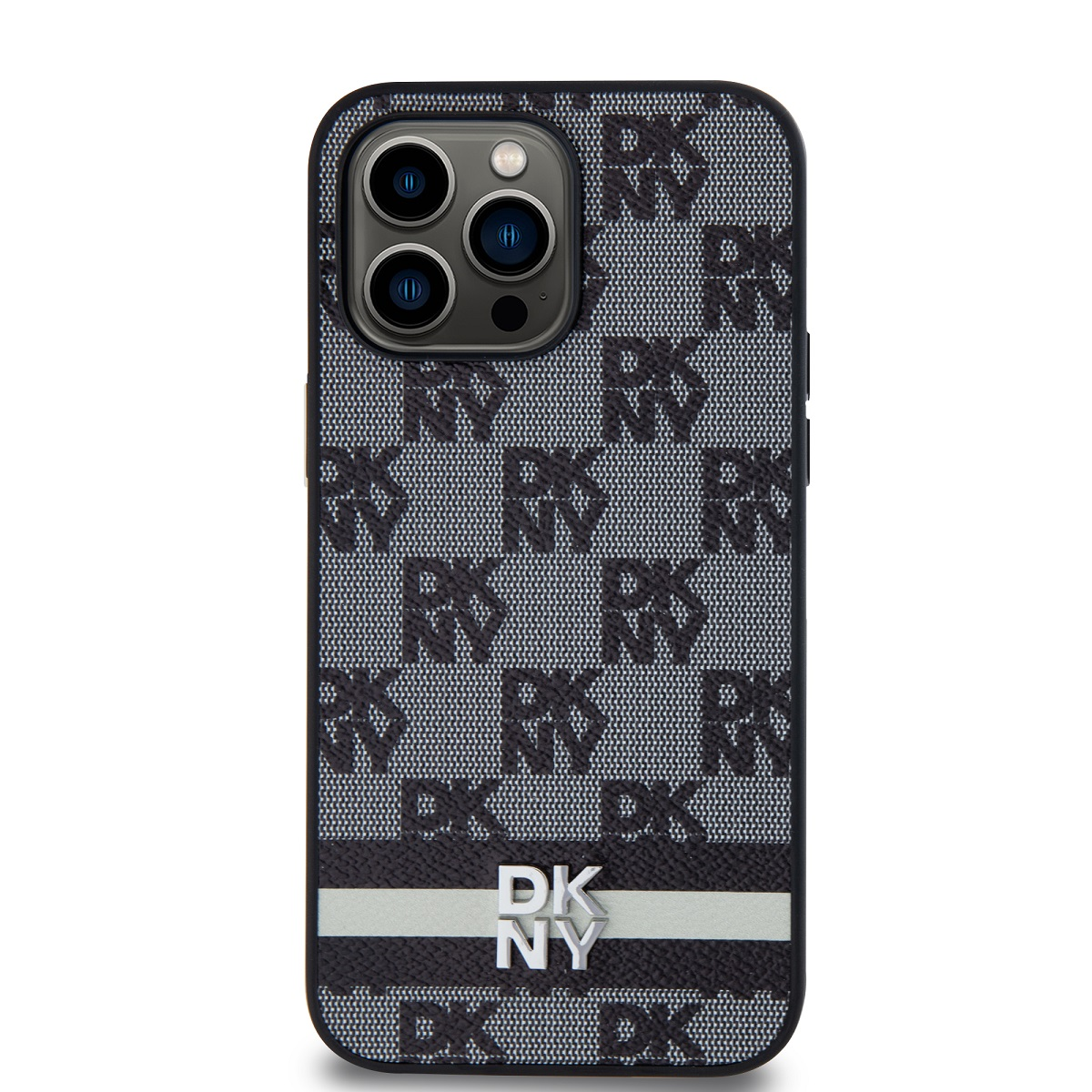 DKNY iPhone 15 Pro Max kockás mintás csíkkal PU Bőr Telefon tok - Fekete (DKHCP15XPCPTSSK)