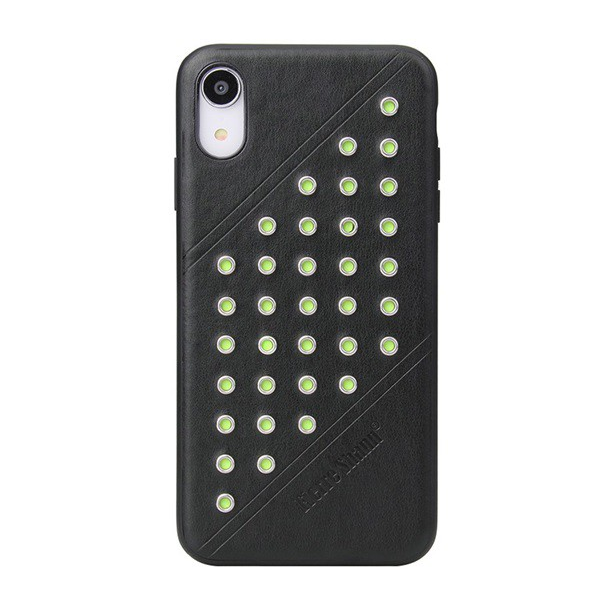 FIERRE SHANN műanyag telefonvédő (bőr hatású hátlap, szegecses) FEKETE [Apple iPhone XR 6.1] (5996457820283)