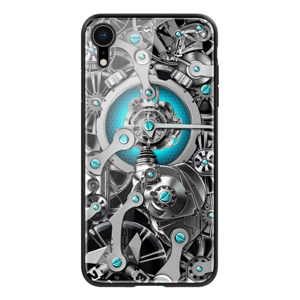 NILLKIN SPACETIME telefonvédő szilikon keret (BUMPER, közepesen ütésálló, edzett üveg hátlap, fogaskerék minta) FEKETE [Apple iPhone XR 6.1] (5996457799961)