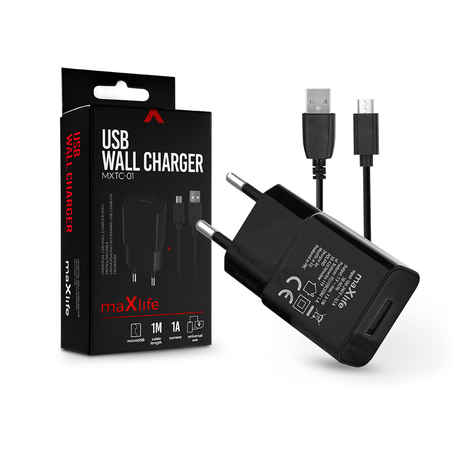 Maxlife USB hálózati töltő adapter + micro USB adatkábel 1 m-es vezetékkel - Maxlife MXTC-01 USB Wall Charger - 5V/1A - fekete (TF-0124)