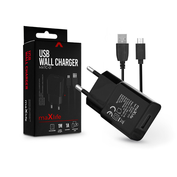 Maxlife USB hálózati töltő adapter + micro USB adatkábel 1 m-es vezetékkel -    Maxlife MXTC-01 USB Wall Charger - 5V/1A - fekete