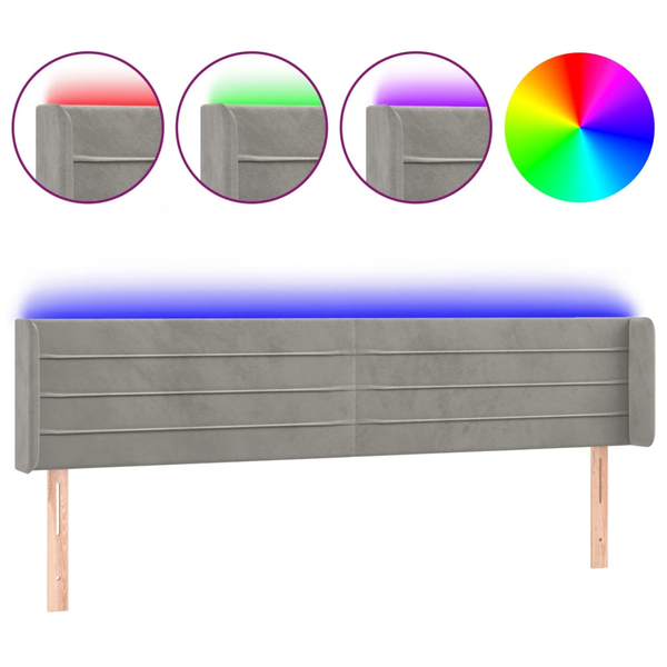 Tăblie de pat cu LED, gri deschis, 183x16x78/88 cm, catifea