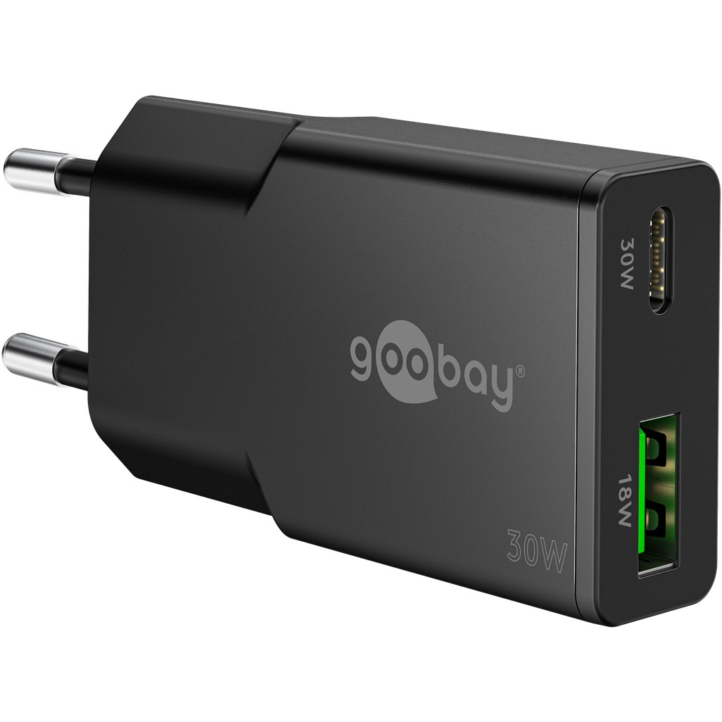 Goobay 75737 Dual USB-A / USB-C GaN Slim Hálózati Gyorstöltő Adapter Készlet 30W - Fekete (2 darabos) (75737)