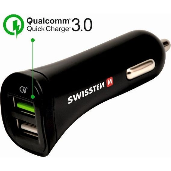 Swissten Autós töltőkészlet, 2 x USB, QC 3.0 + MicroUSB adatkábel, 1.5 m, Fekete