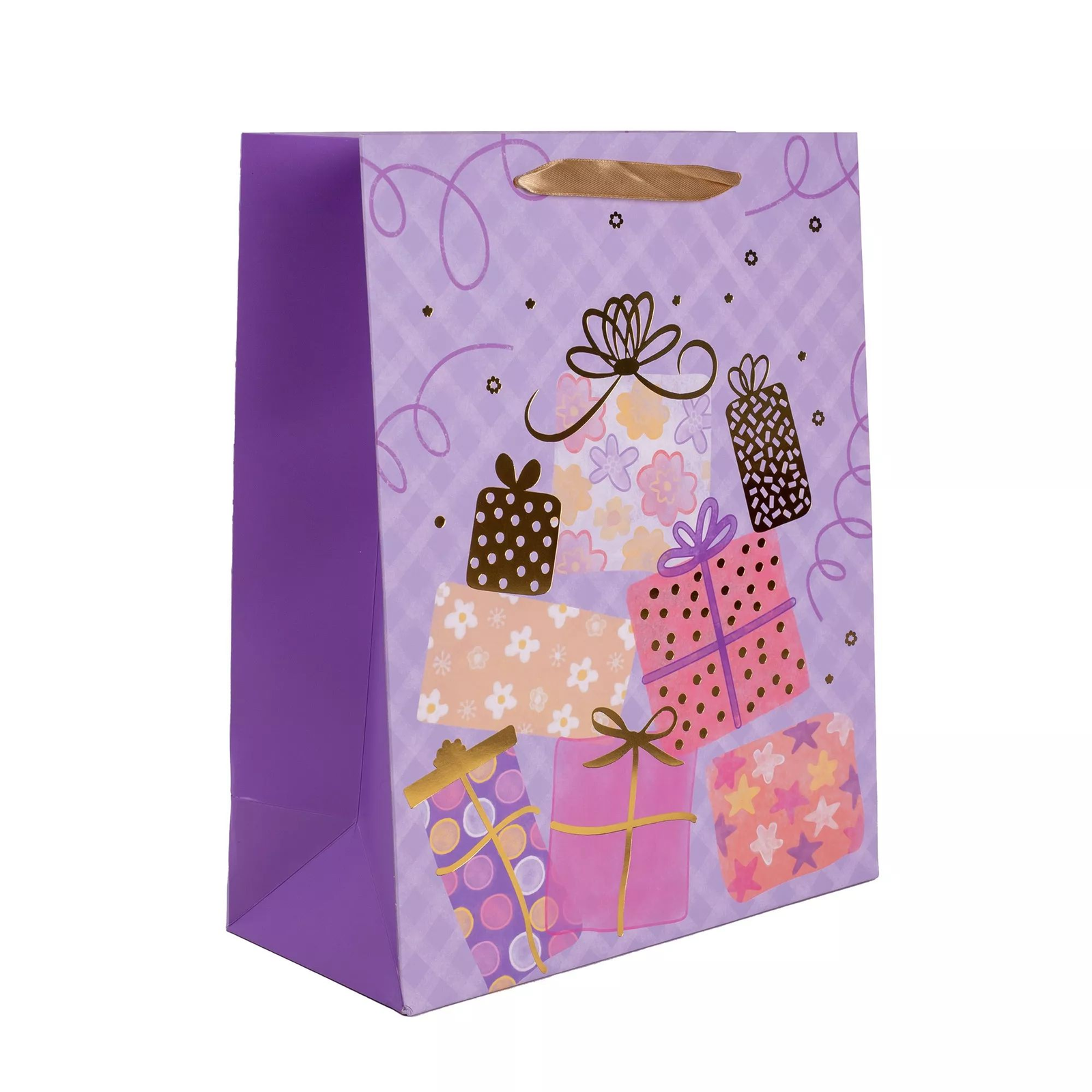 Ajándékcsomag mintás szalagfüles papír ajándéktasak (18 x 23 cm) - Lila/Mintás (370527)