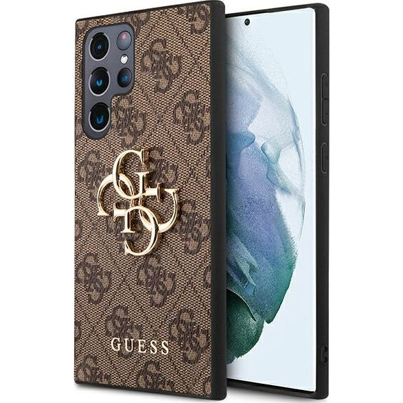 Guess PU 4G Metal Logo Samsung Galaxy S22 Ultra hátlap tok, barna (GUE1552BR)
