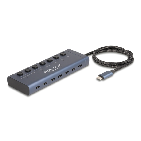Delock USB 5 Gbps hub 7 USB Type-C  porttal és kapcsolóval, melyből 6 adatport és egy adat és 20 Wattos PD port (63410)