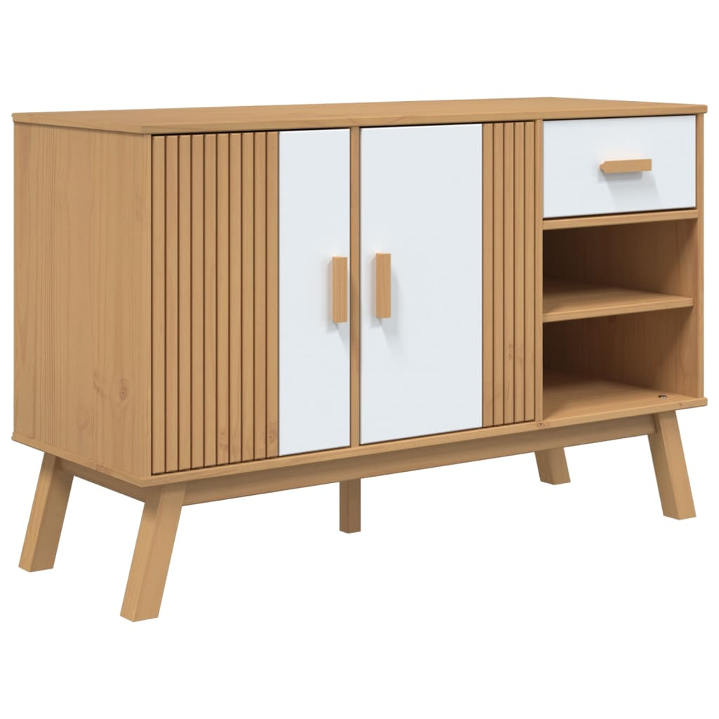 OLDEN fehér és barna tömör fenyőfa tálalószekrény 114x43x73,5cm (358608)