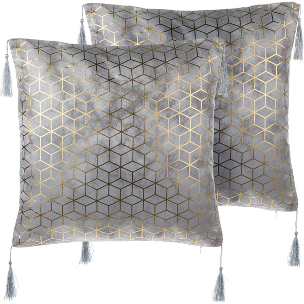 Conjunto De Cojines Decorativos Plateado Jacquard 45 X 45 Cm Con Borlas Patrón Geométrico Decoración Moderna Glam Camellia - Plateado
