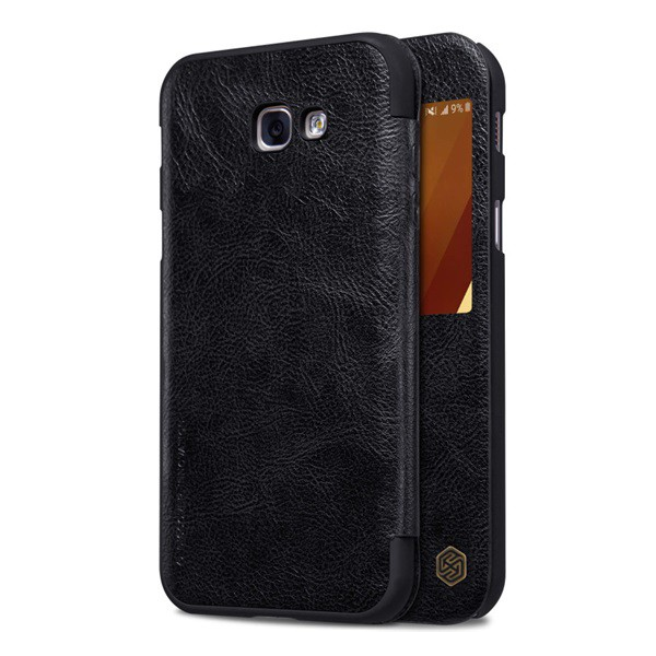 NILLKIN QIN tok álló, bőr hatású (aktív FLIP, oldalra nyíló, S-View Cover) FEKETE [Samsung Galaxy A3 (2017) SM-A320F] (5996457698097)