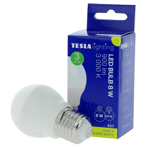 TESLA LED izzó miniglobe BULB E27, 8W, melegfehér
