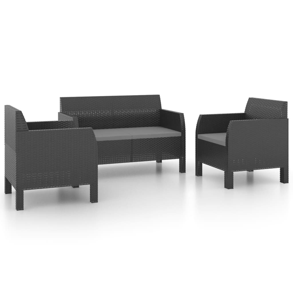 3 részes antracit PP rattan kerti bútorgarnitúra párnákkal (3079671)