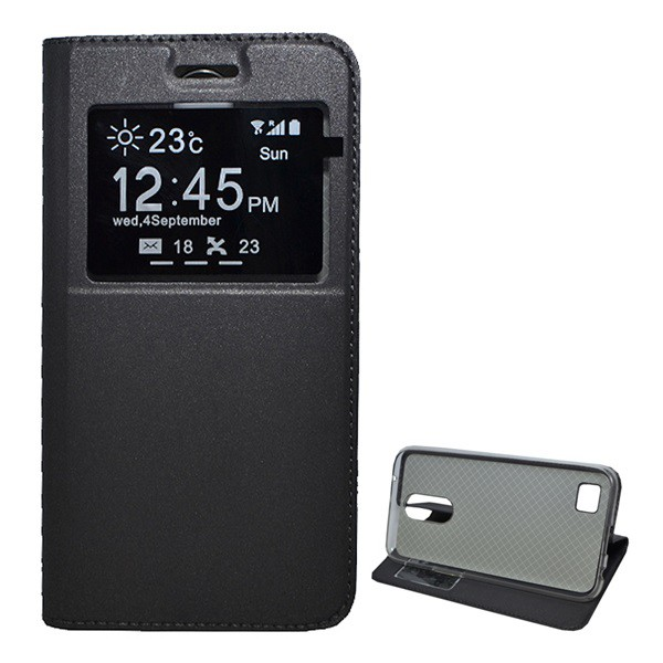 Tok álló, bőr hatású (FLIP, oldalra nyíló, asztali tartó funkció, hívószámkijelzés, Window) EZÜST [LG K10 (2017) M250n] (5996457699797)