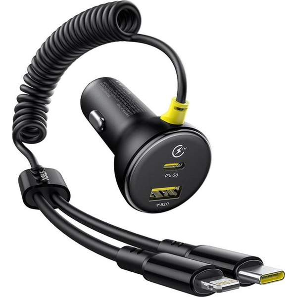 Baseus Circular Autós Töltő 1xUSB-A és 1xUSB-C Csatlakozással + Rögzített Type-C és Lightning Kábel 60W - Fekete