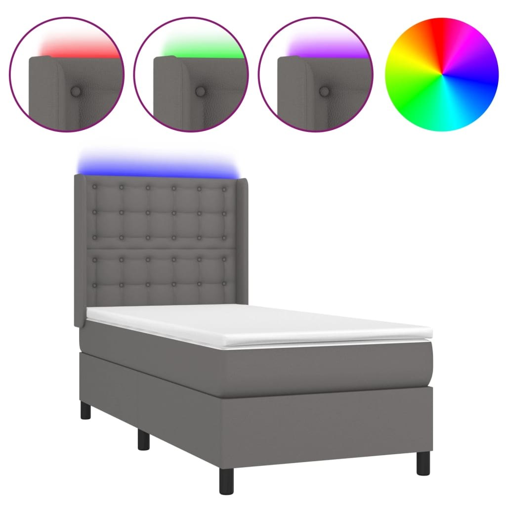 szürke műbőr rugós ágy matraccal és LED-del 90x200 cm (3139365)