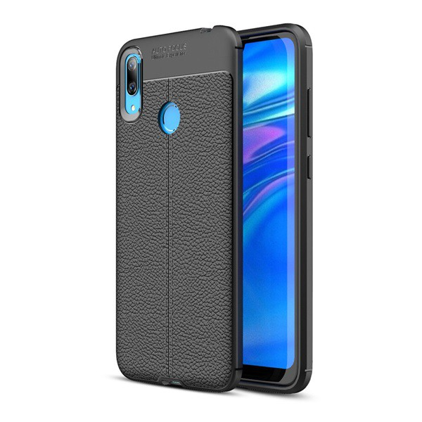 Szilikon telefonvédő (közepesen ütésálló, bőr hatású, varrás minta) FEKETE [Huawei Y7 2019 (Y7 Prime 2019)] (5996457856602)