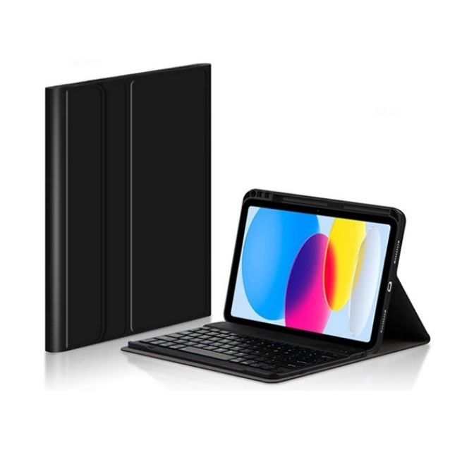 Gigapack tok álló, bőr hatású (FLIP, bluetooth billentyűzet, asztali tartó, QWERTY, angol nyelvű, ceruza tartó) FEKETE [Apple IPAD 10.9 (2022)] (GP-138232)