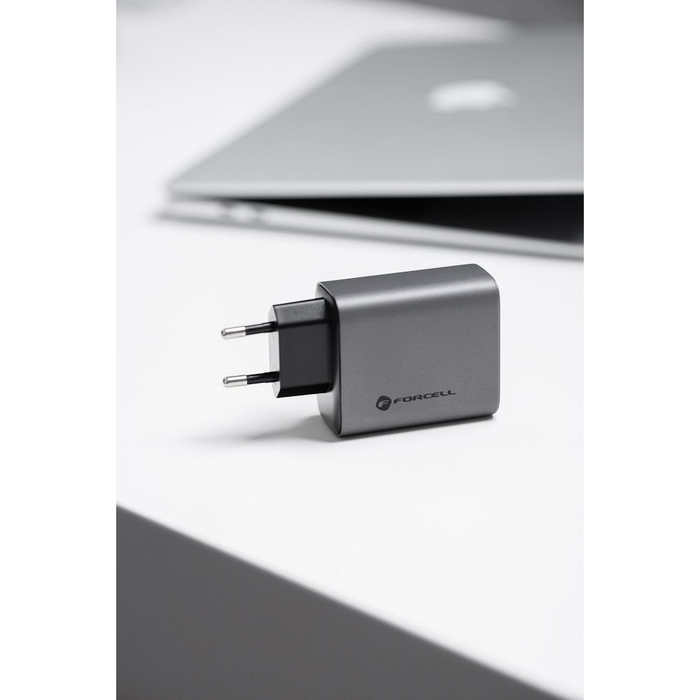 Forcell hálózati gyorstöltő 2xType-C + USB, PD + QC 4.0, 4A, GaN 65W, szürke