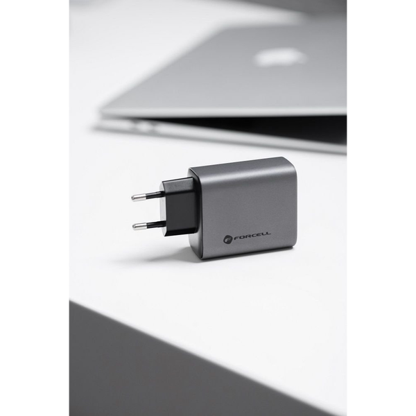 Forcell hálózati gyorstöltő 2xType-C + USB, PD + QC 4.0, 4A, GaN 65W, szürke
