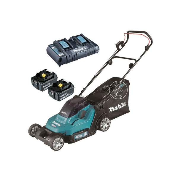 Акумулаторна косачка Makita DLM432PT2, 18 V 5.0 Ah, 43 см работна ширина, Събирателна торба 50 л, Височина на косене 20-75 мм, Съдържа: 2 батерии LXT 18V 5.0Ah + двойно зарядно