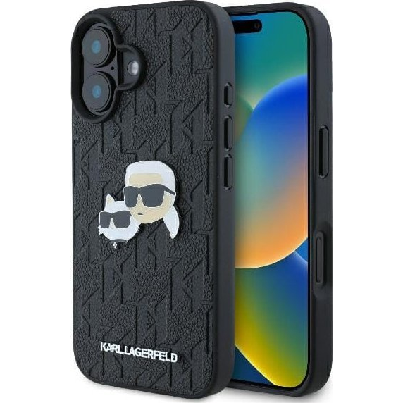 Karl Lagerfeld Monogram Karl&Chaoupette Head Pin iPhone 16 Plus kemény hátlap tok, fekete KLHCP16MPGKLKCPK (KLHCP16MPGKLKCPK)