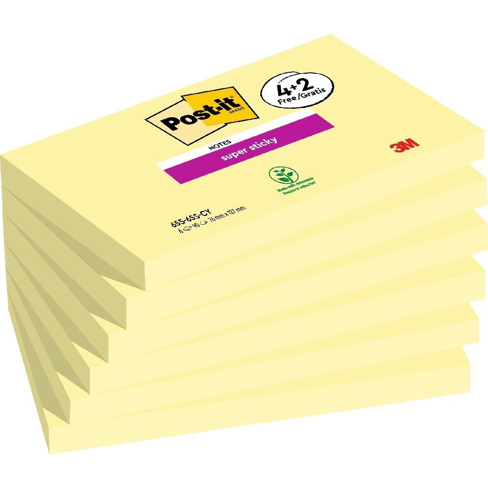 3M Post-it Super Sticky 655-SSCY öntapadós jegyzettömb 76x127mm kanárisárga 4+2db/cs (7100259448) (3M7100259448)