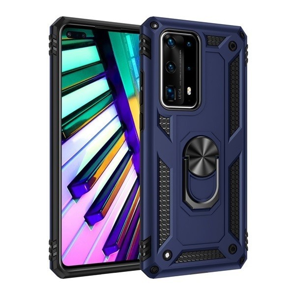 Huawei P Smart (2021), Műanyag hátlap védőtok, közepesen ütésálló, szilikon belső, telefontartó gyűrű, Defender, sötétkék (93733)