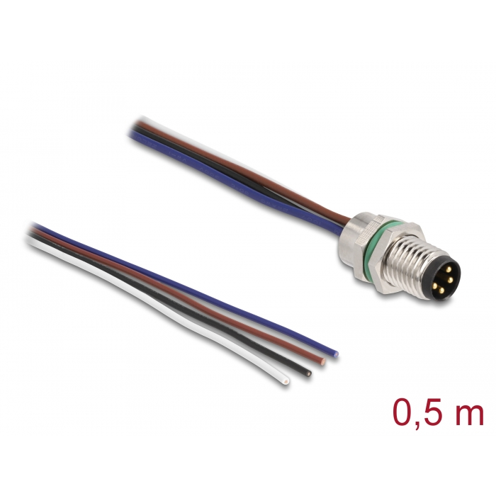 Delock M8 4 tűs apa A-kódolású, szabad kábelvégződésű panelhez 0,5 m (80149) (80149)