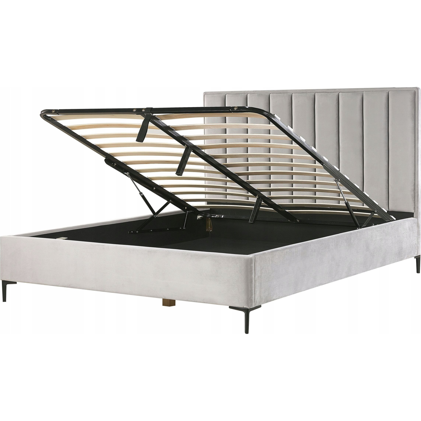Cama En Terciopelo Gris 180 X 200 Cm Con Almacenamiento Cabecero Acolchado Patas De Metal Negro Sezanne - Gris