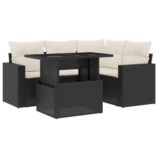 Set mobilier de grădină cu perne, 5 piese, negru, poliratan
